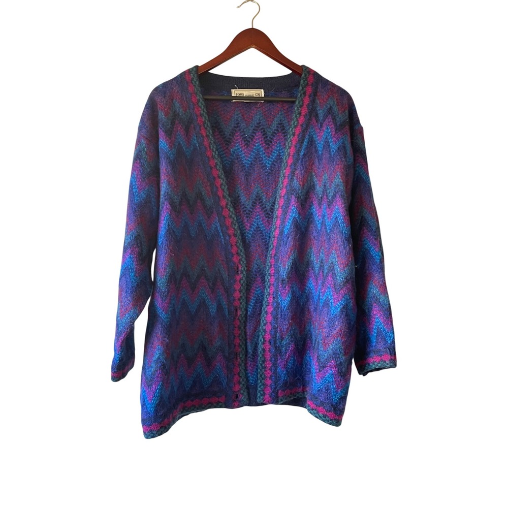 Vintage Lord Isaacs Womens Large Geometric Zig‎ Zag Mohair Wool Blend Cardigan